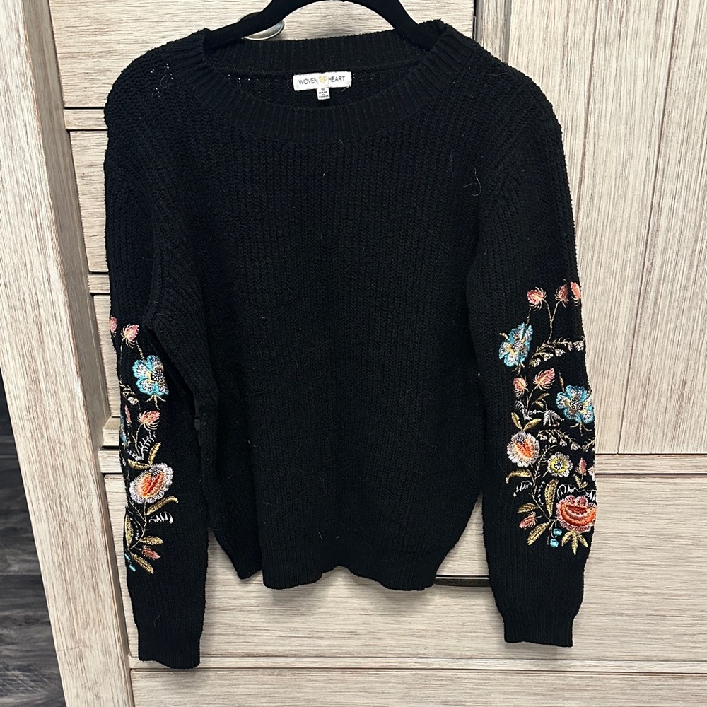 Woven Heart Black Sweater with Floral Embroidery
